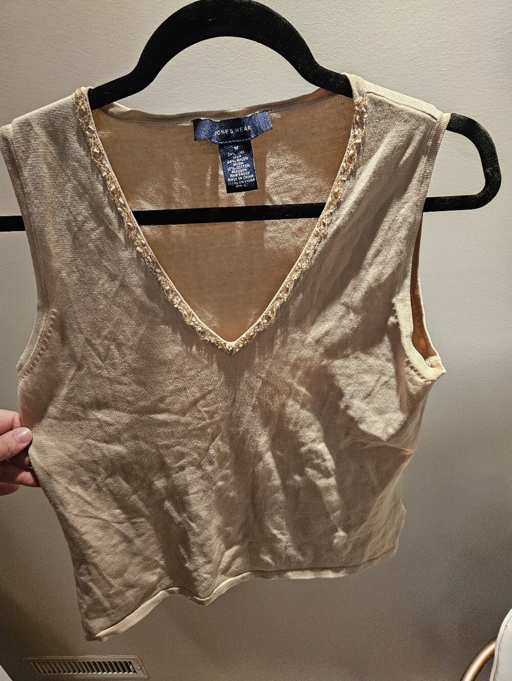 Vintage Y2K Jones Wear Tan Silk Blend Beaded Neckline Knit Tank *Has Small Snag*